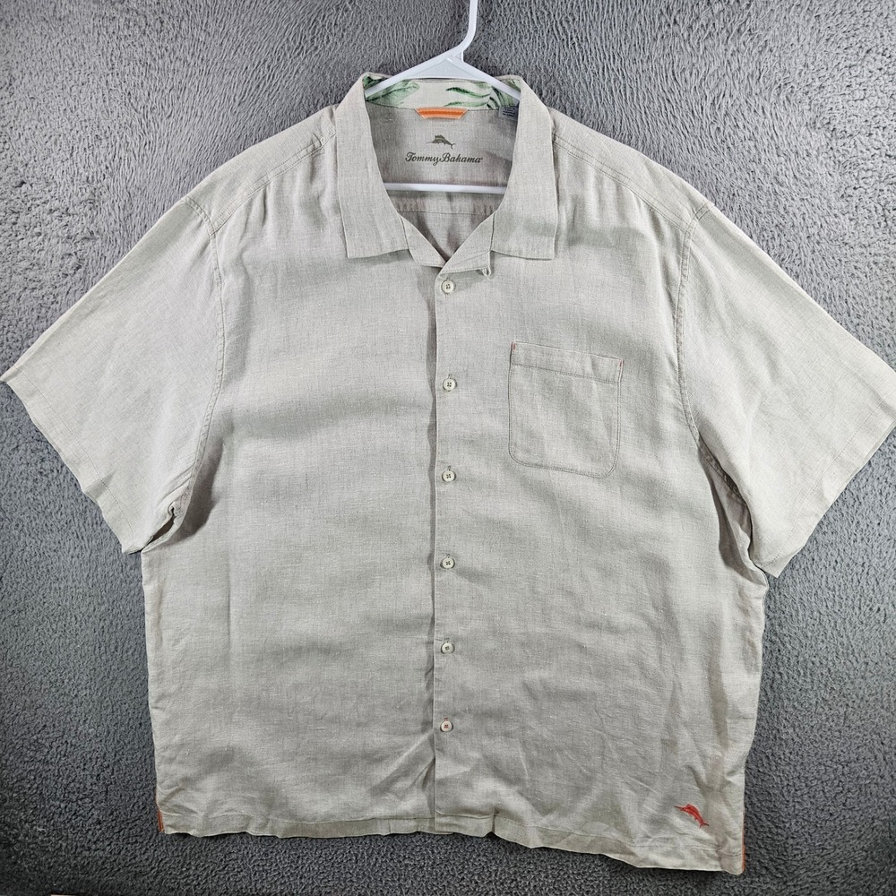 Tommy Bahama Mens 2XLB Beige 100% Linen Short Sleeve Button Up Camp Shirt